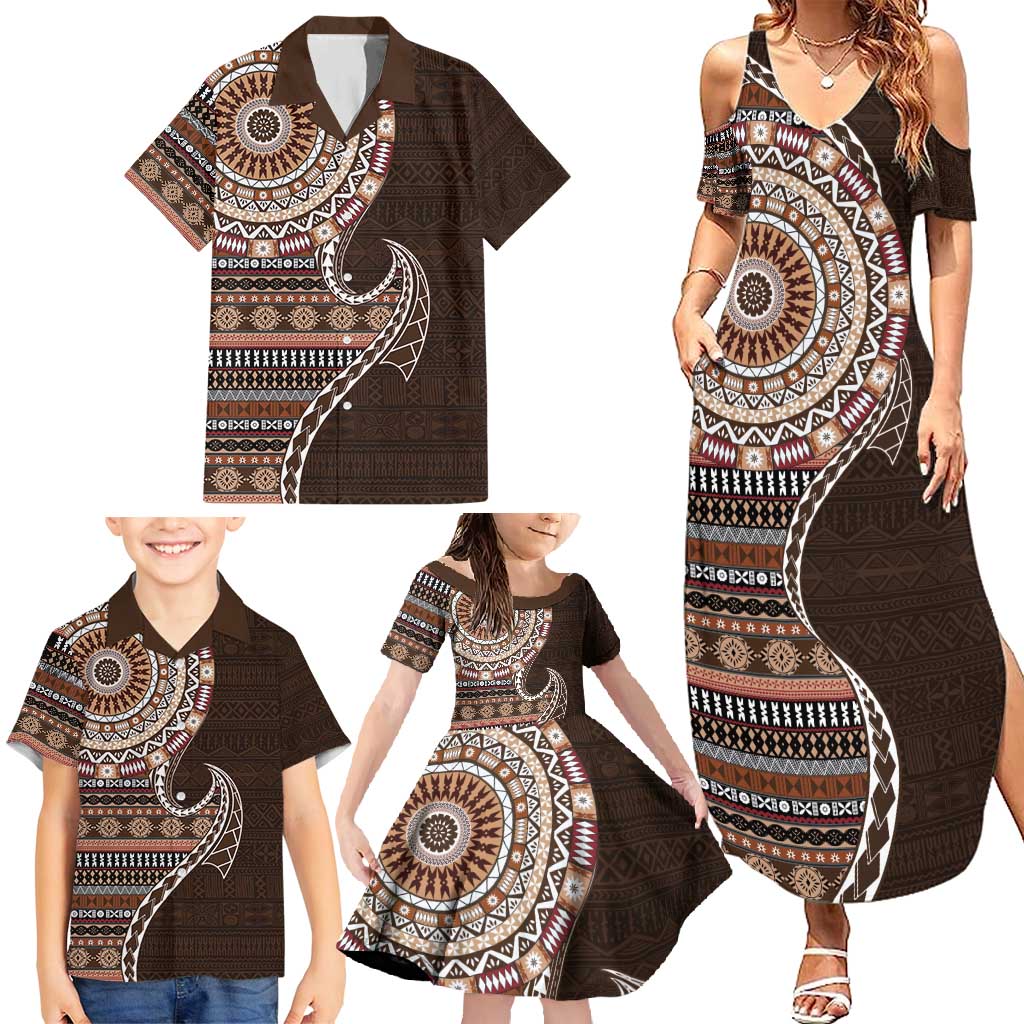 Fijian Masi Tribal Tattoos Art Pattern Family Matching Summer Maxi Dress and Hawaiian Shirt Brown Color Half Style - Polynesian Pride