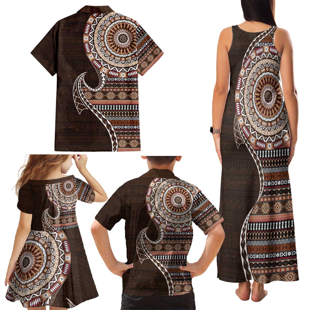 Fijian Masi Tribal Tattoos Art Pattern Family Matching Tank Maxi Dress and Hawaiian Shirt Brown Color Half Style - Polynesian Pride