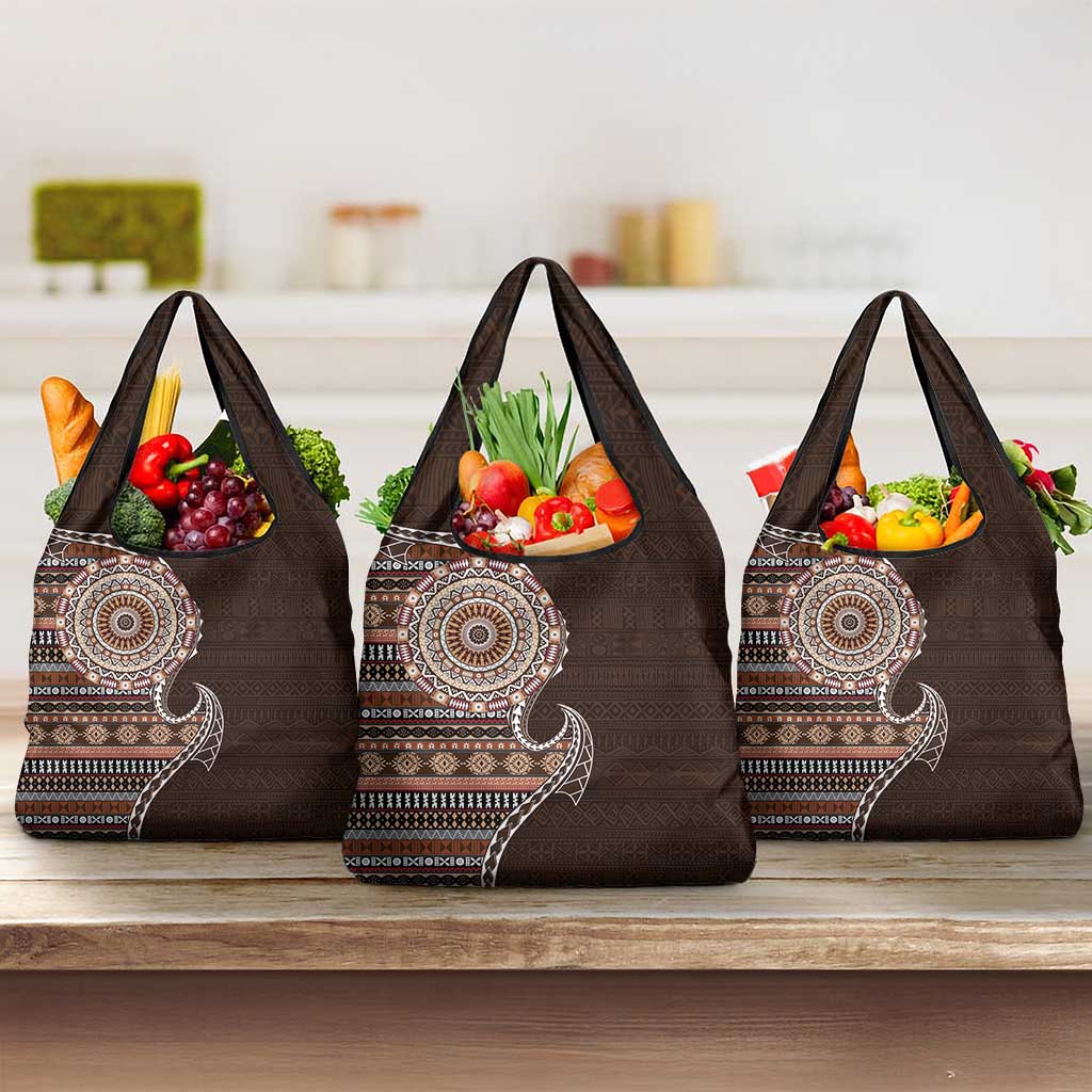 Fijian Masi Tribal Tattoos Art Pattern Grocery Bag Brown Color Half Style - Polynesian Pride