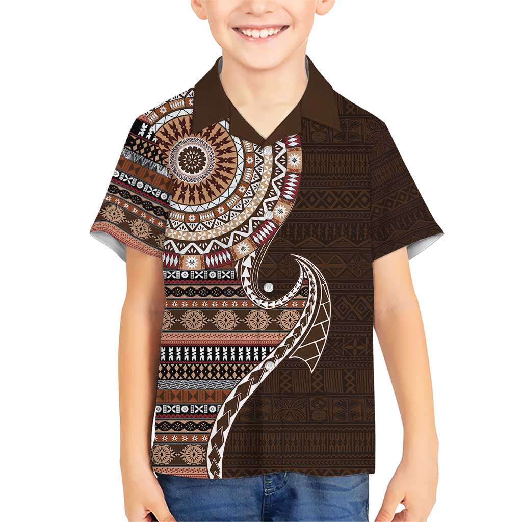 Fijian Masi Tribal Tattoos Art Pattern Kid Hawaiian Shirt Brown Color Half Style - Polynesian Pride
