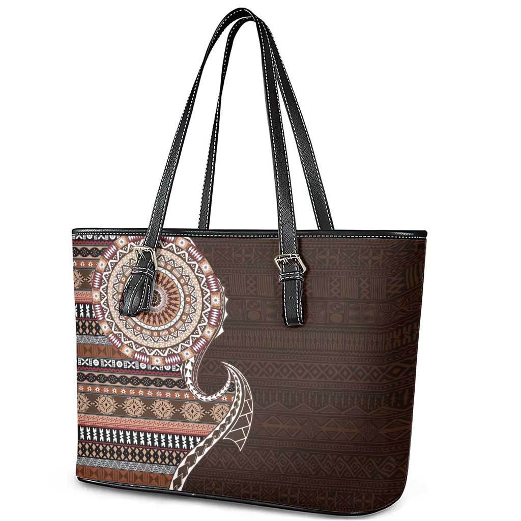 Fijian Masi Tribal Tattoos Art Pattern Leather Tote Bag Brown Color Half Style - Polynesian Pride