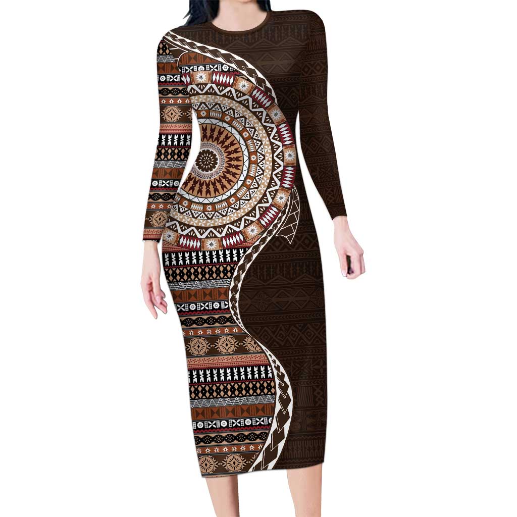 Fijian Masi Tribal Tattoos Art Pattern Long Sleeve Bodycon Dress Brown Color Half Style - Polynesian Pride