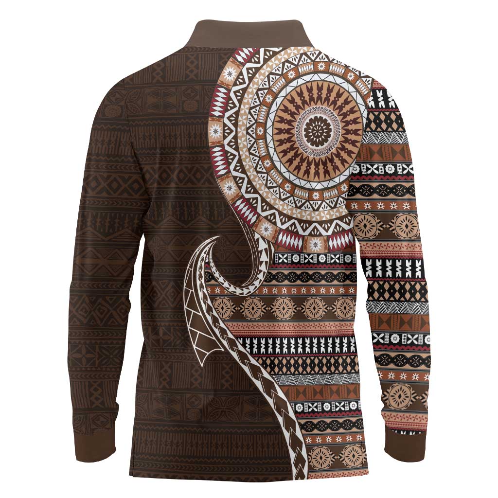 Fijian Masi Tribal Tattoos Art Pattern Long Sleeve Polo Shirt Brown Color Half Style - Polynesian Pride