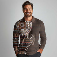 Fijian Masi Tribal Tattoos Art Pattern Long Sleeve Polo Shirt Brown Color Half Style - Polynesian Pride