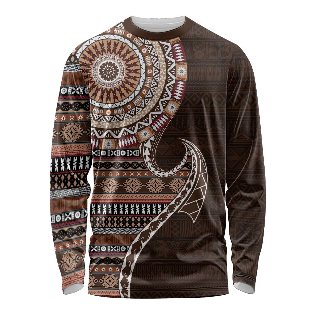 Fijian Masi Tribal Tattoos Art Pattern Long Sleeve Shirt Brown Color Half Style - Polynesian Pride