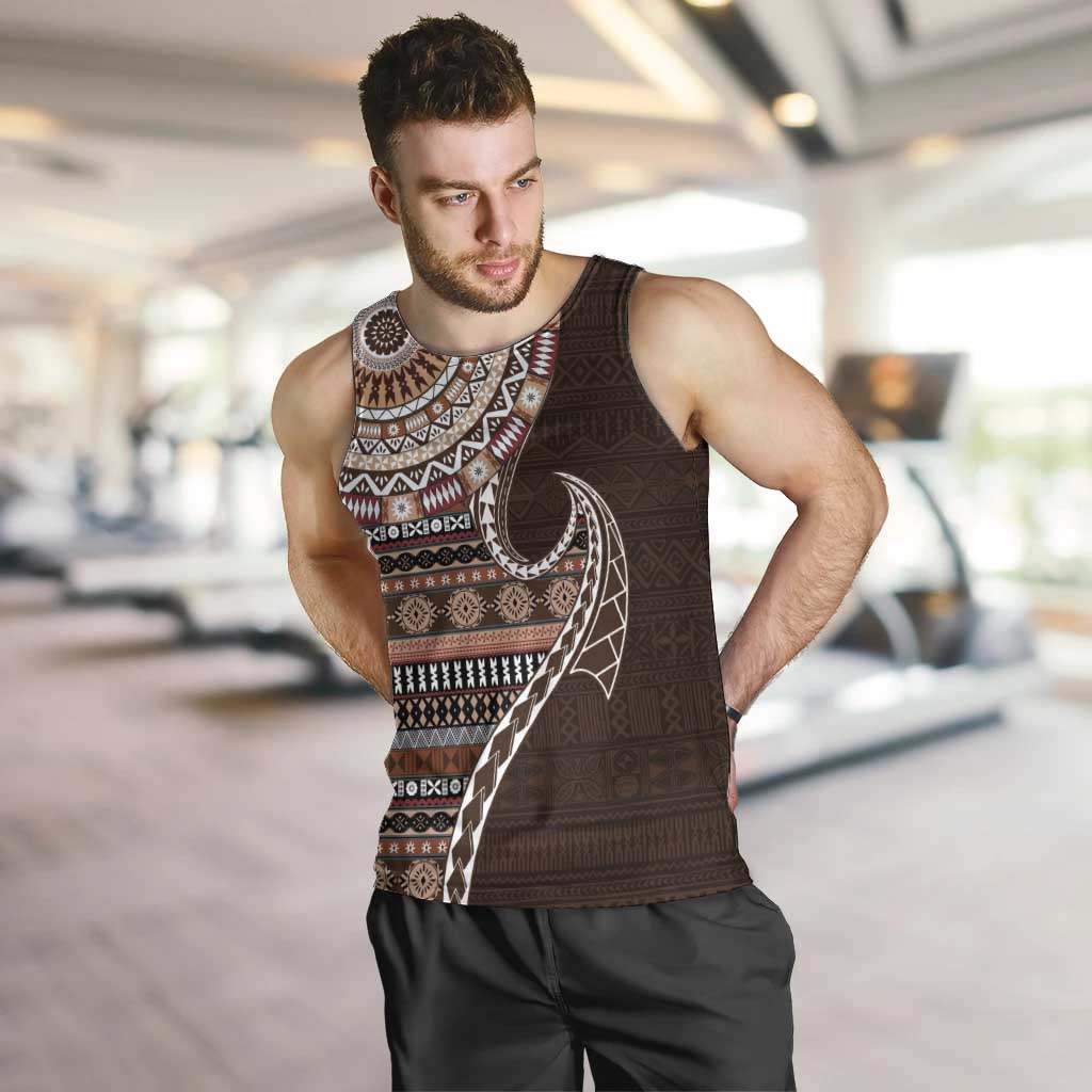 Fijian Masi Tribal Tattoos Art Pattern Men Tank Top Brown Color Half Style - Polynesian Pride