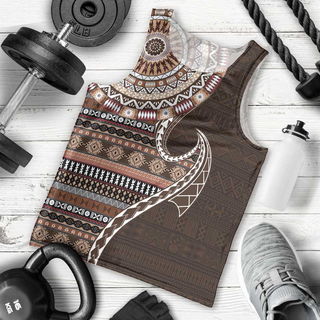 Fijian Masi Tribal Tattoos Art Pattern Men Tank Top Brown Color Half Style - Polynesian Pride