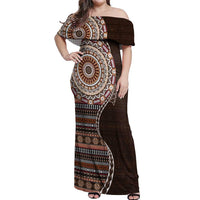 Fijian Masi Tribal Tattoos Art Pattern Off Shoulder Maxi Dress Brown Color Half Style - Polynesian Pride