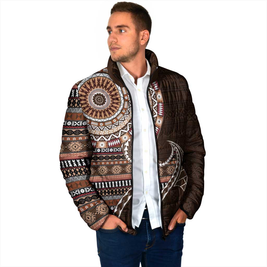 Fijian Masi Tribal Tattoos Art Pattern Padded Jacket Brown Color Half Style - Polynesian Pride
