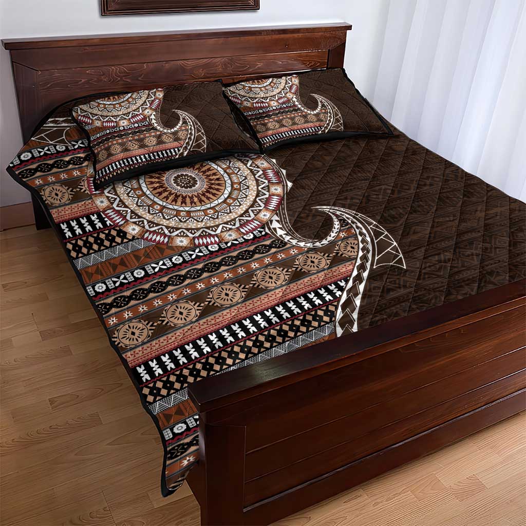 Fijian Masi Tribal Tattoos Art Pattern Quilt Bed Set Brown Color Half Style - Polynesian Pride
