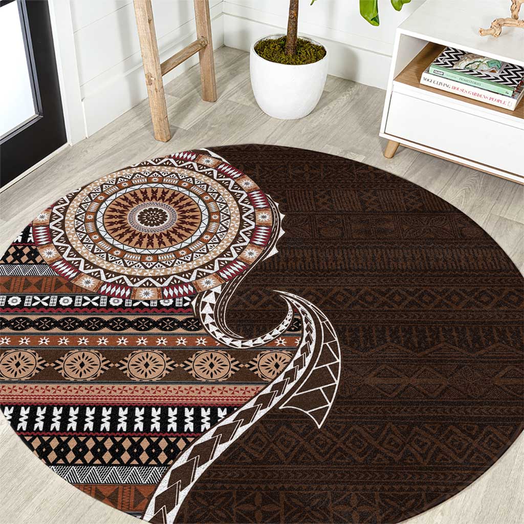 Fijian Masi Tribal Tattoos Art Pattern Round Carpet Brown Color Half Style - Polynesian Pride
