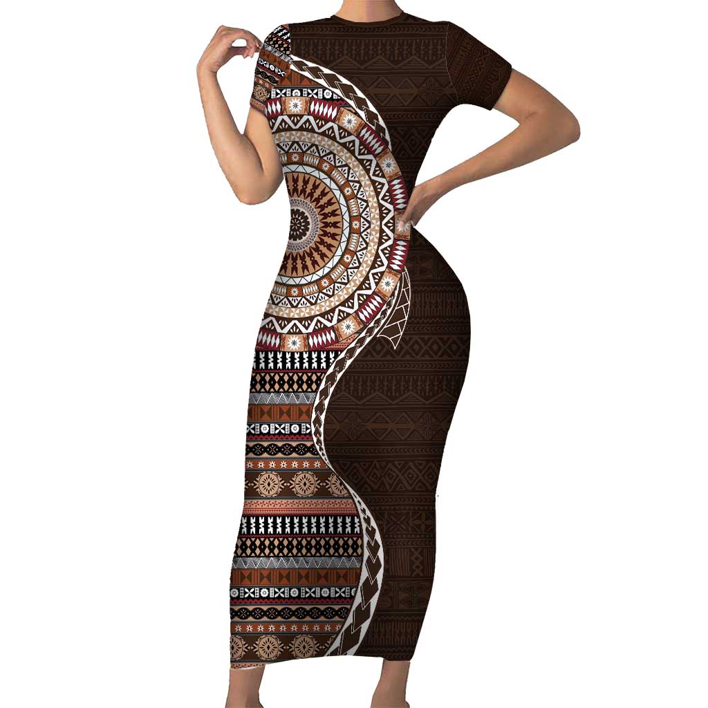 Fijian Masi Tribal Tattoos Art Pattern Short Sleeve Bodycon Dress Brown Color Half Style - Polynesian Pride