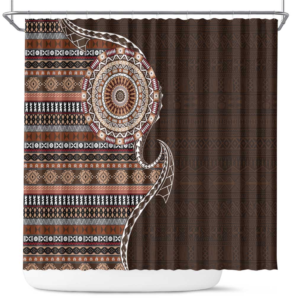 Fijian Masi Tribal Tattoos Art Pattern Shower Curtain Brown Color Half Style - Polynesian Pride