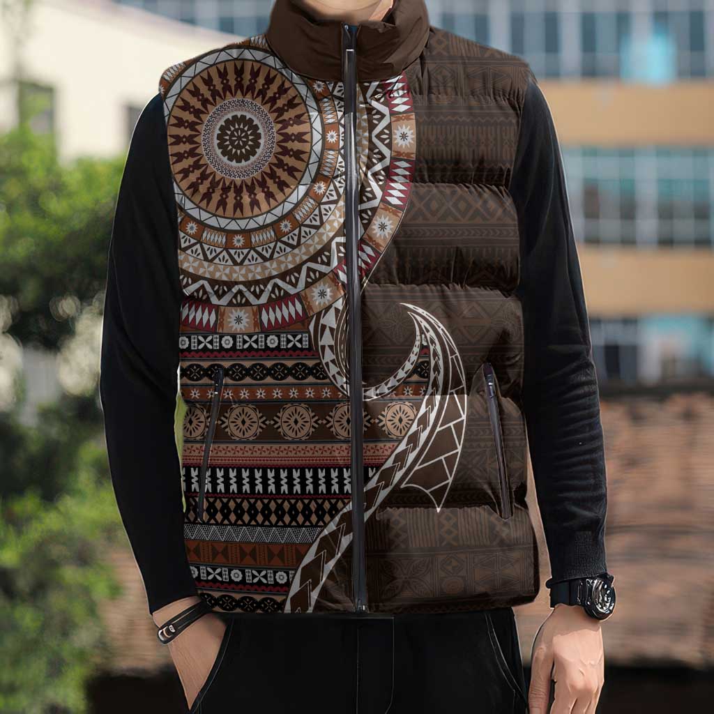 Fijian Masi Tribal Tattoos Art Pattern Sleeveless Puffer Jacket Brown Color Half Style - Polynesian Pride