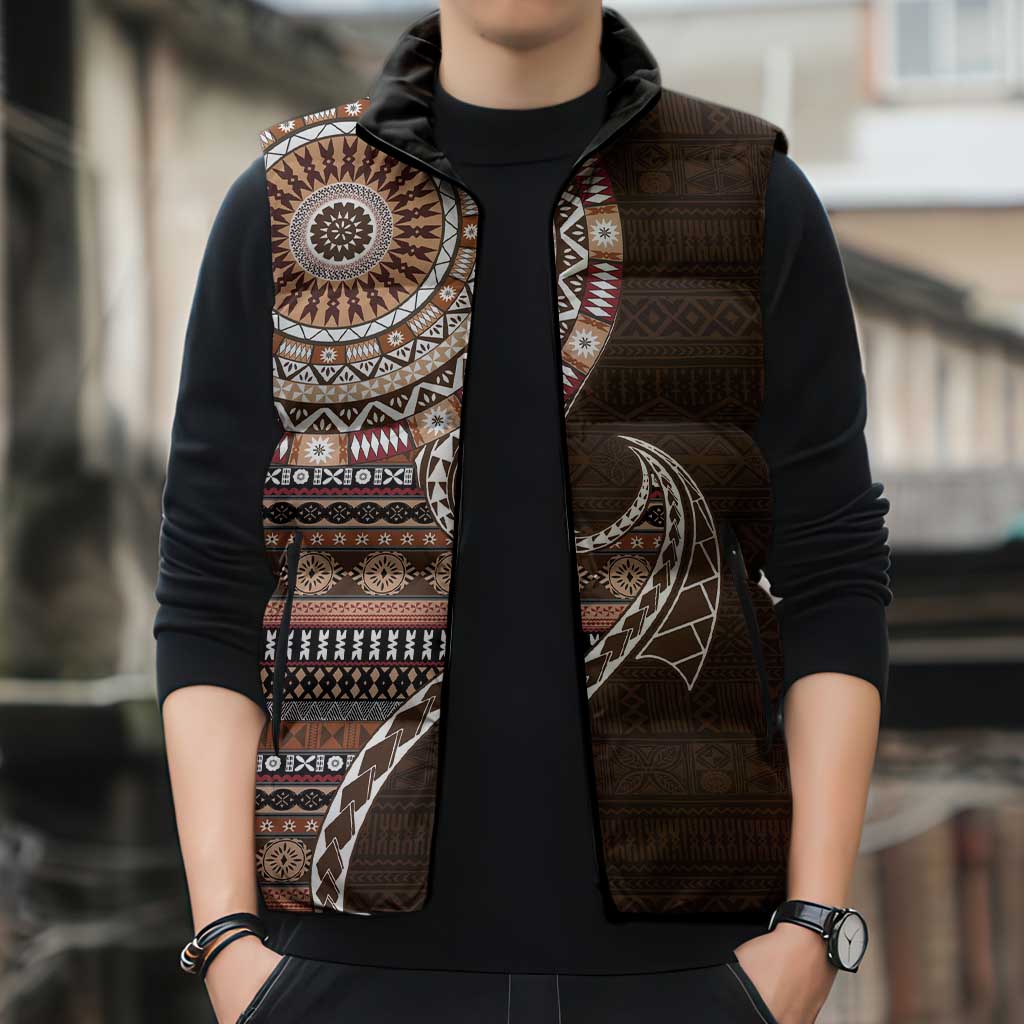 Fijian Masi Tribal Tattoos Art Pattern Sleeveless Puffer Jacket Brown Color Half Style - Polynesian Pride