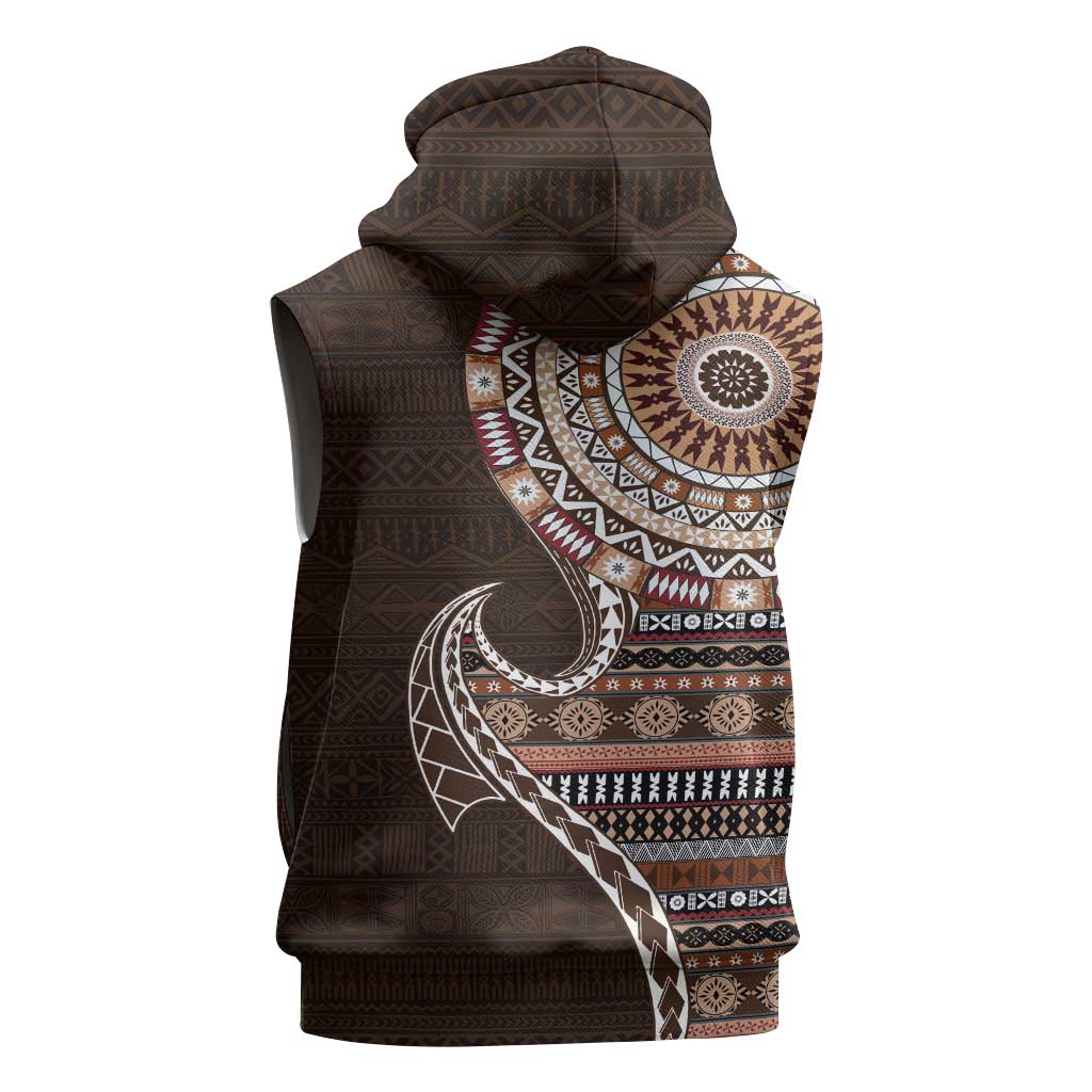 Fijian Masi Tribal Tattoos Art Pattern Sleeveless Zip Hoodie Brown Color Half Style - Polynesian Pride