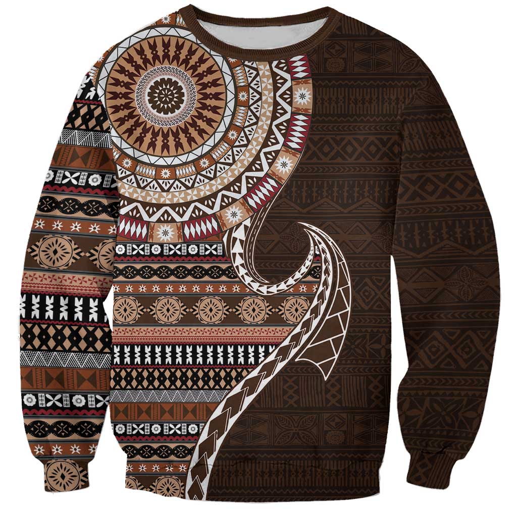 Fijian Masi Tribal Tattoos Art Pattern Sweatshirt Brown Color Half Style - Polynesian Pride