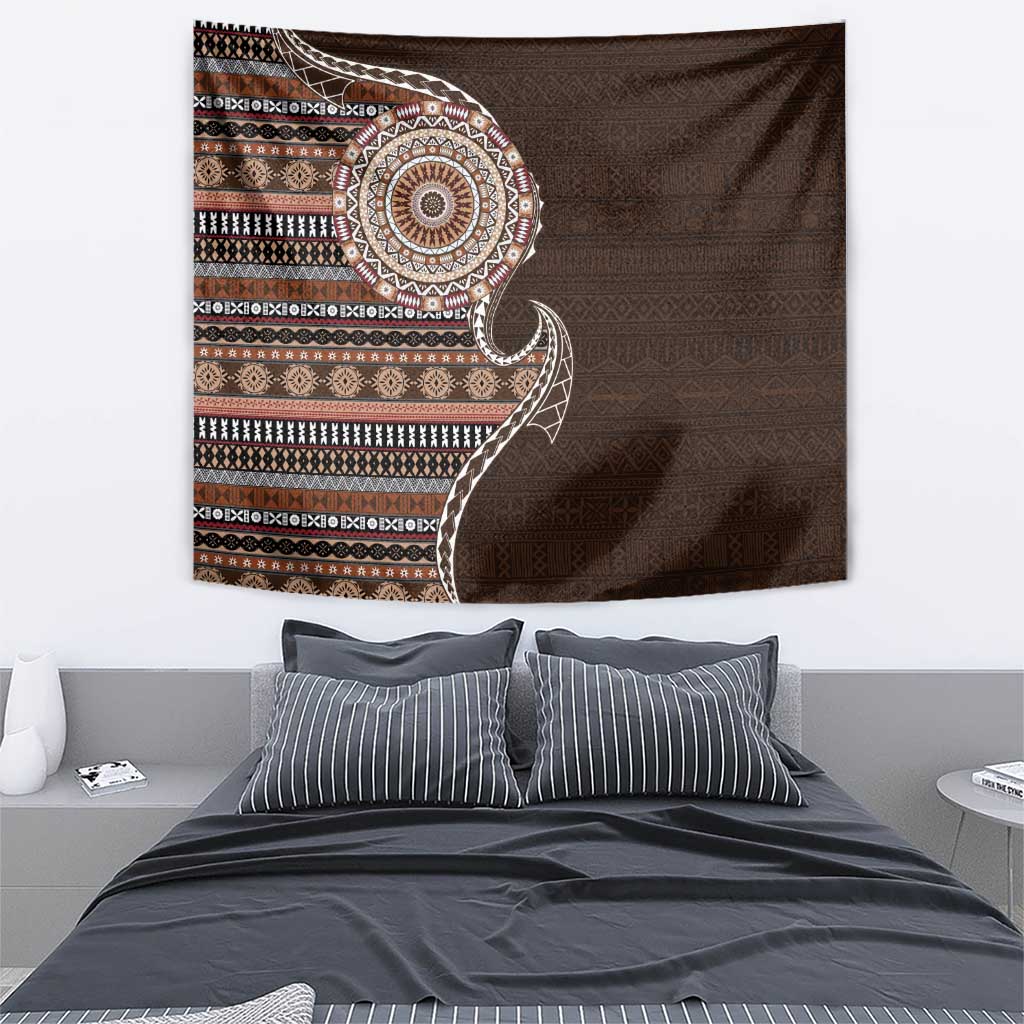 Fijian Masi Tribal Tattoos Art Pattern Tapestry Brown Color Half Style - Polynesian Pride