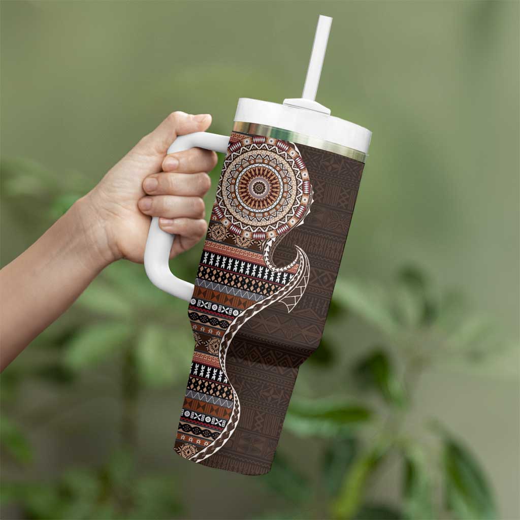 Fijian Masi Tribal Tattoos Art Pattern Tumbler With Handle Brown Color Half Style - Polynesian Pride