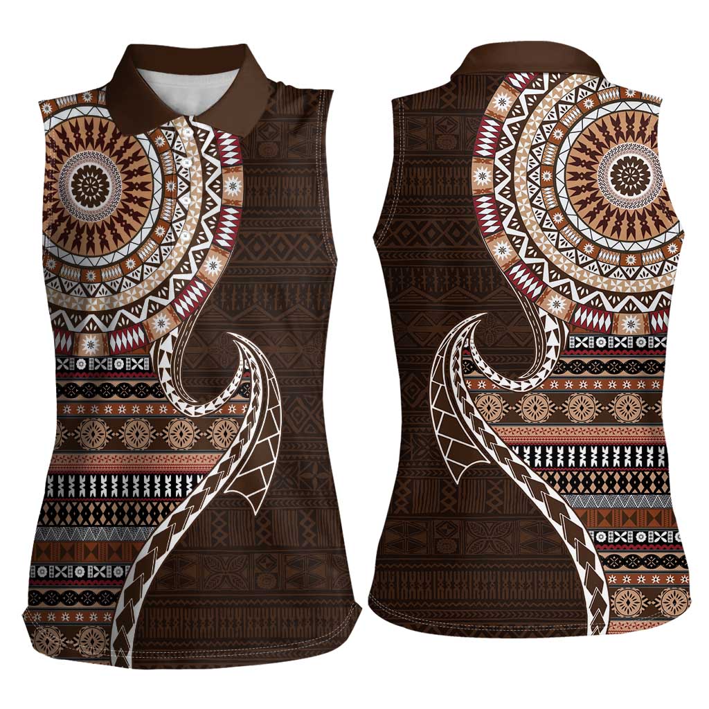 Fijian Masi Tribal Tattoos Art Pattern Women Sleeveless Polo Shirt Brown Color Half Style - Polynesian Pride