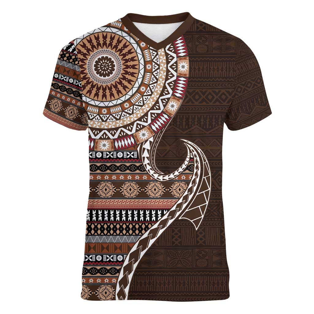 Fijian Masi Tribal Tattoos Art Pattern Women V-Neck T-Shirt Brown Color Half Style - Polynesian Pride