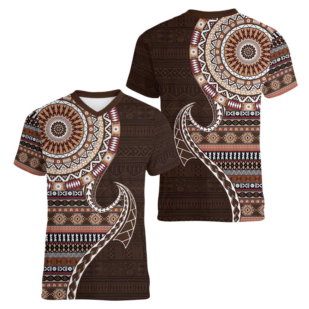 Fijian Masi Tribal Tattoos Art Pattern Women V-Neck T-Shirt Brown Color Half Style - Polynesian Pride