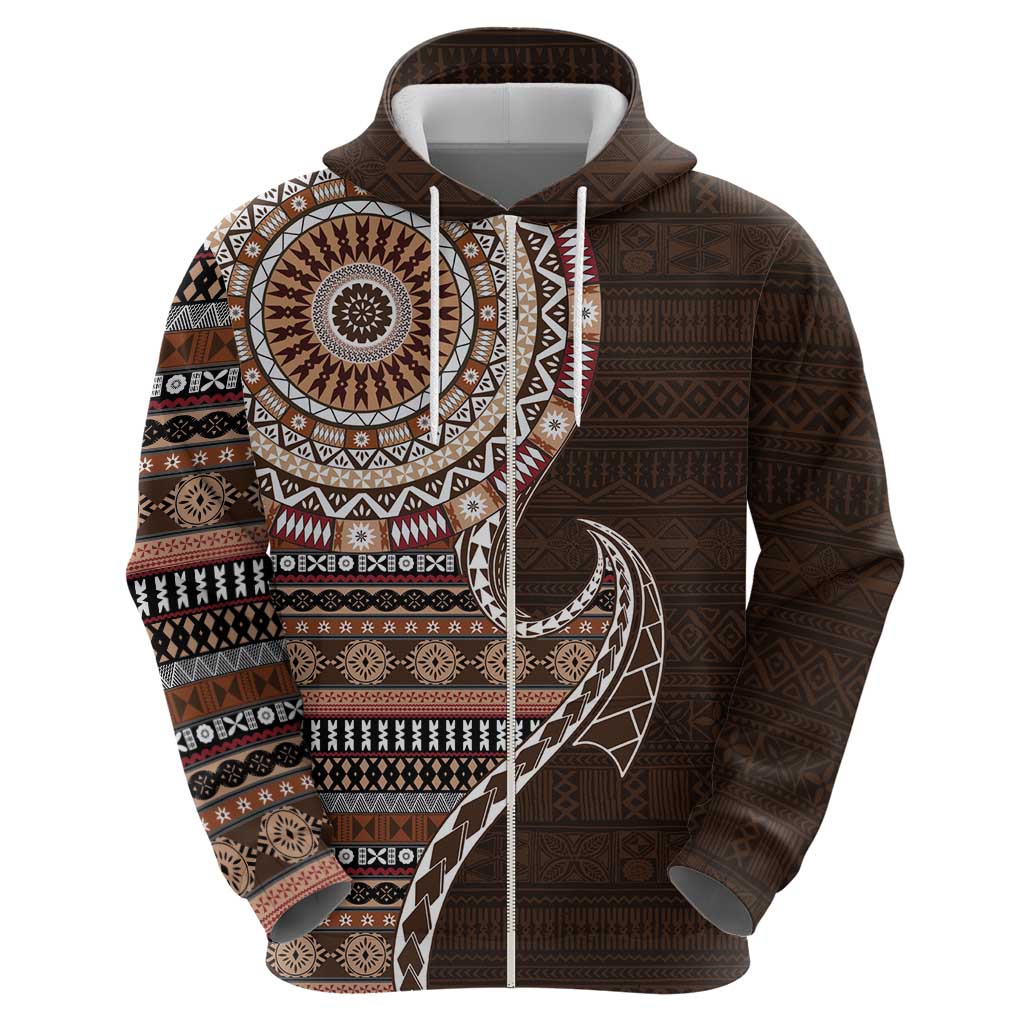 Fijian Masi Tribal Tattoos Art Pattern Zip Hoodie Brown Color Half Style - Polynesian Pride