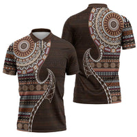 Fijian Masi Tribal Tattoos Art Pattern Zipper Polo Shirt Brown Color Half Style - Polynesian Pride