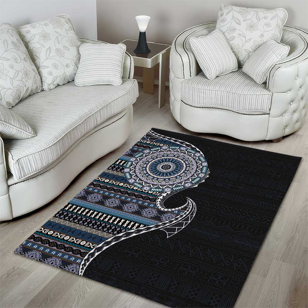 Fijian Masi Tribal Tattoos Art Pattern Area Rug Navy Color Half Style - Polynesian Pride