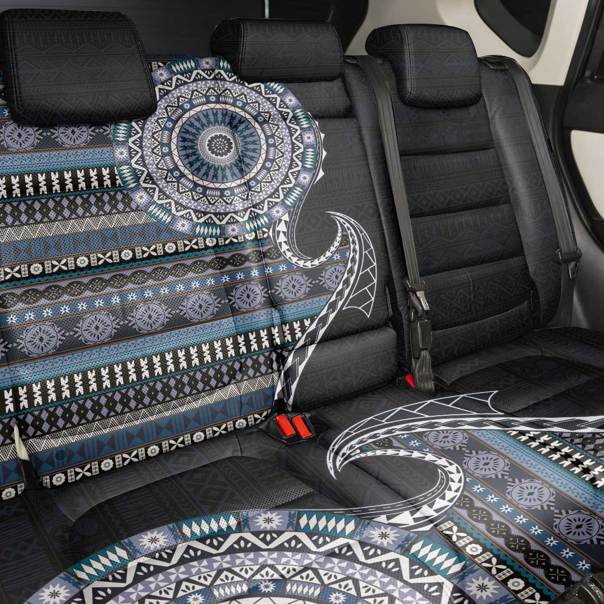 Fijian Masi Tribal Tattoos Art Pattern Back Car Seat Cover Navy Color Half Style - Polynesian Pride