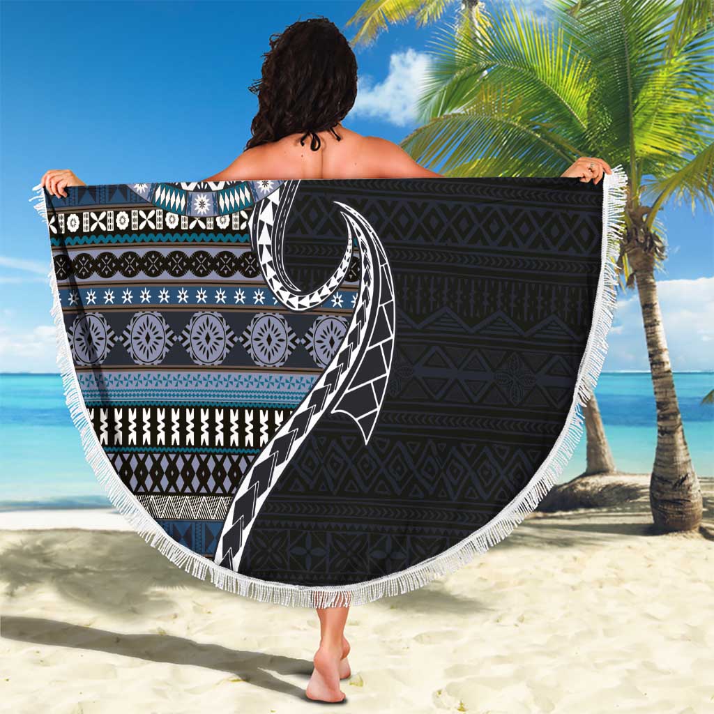 Fijian Masi Tribal Tattoos Art Pattern Beach Blanket Navy Color Half Style - Polynesian Pride