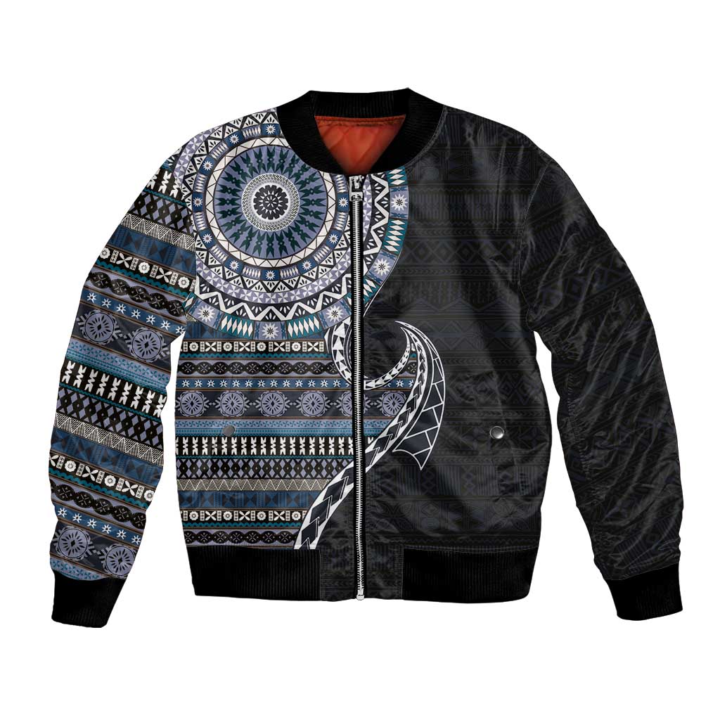 Fijian Masi Tribal Tattoos Art Pattern Bomber Jacket Navy Color Half Style - Polynesian Pride