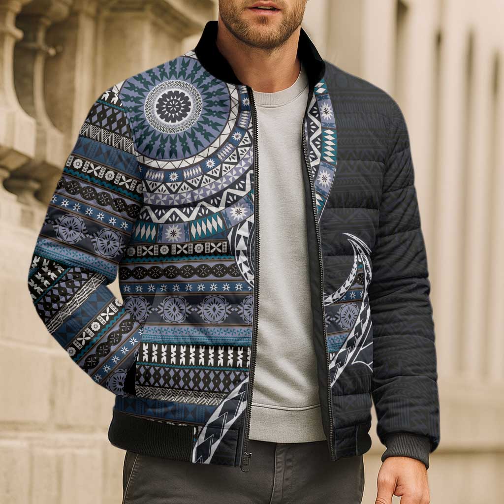 Fijian Masi Tribal Tattoos Art Pattern Bomber Puffer Jacket Navy Color Half Style - Polynesian Pride