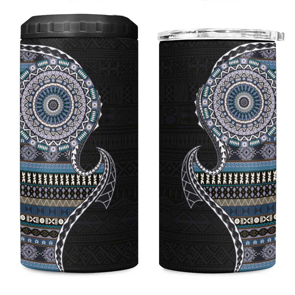 Fijian Masi Tribal Tattoos Art Pattern 4 in 1 Can Cooler Tumbler Navy Color Half Style - Polynesian Pride