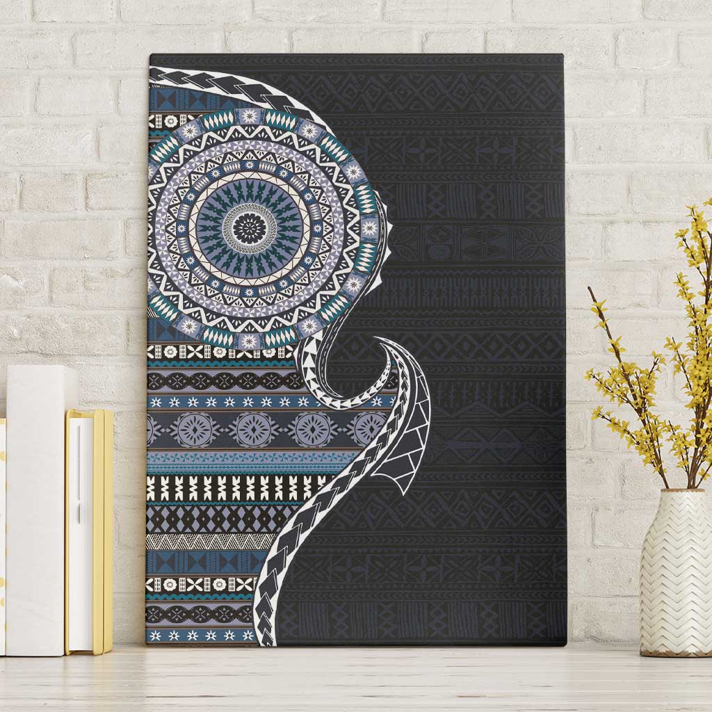 Fijian Masi Tribal Tattoos Art Pattern Canvas Wall Art Navy Color Half Style - Polynesian Pride