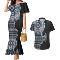 Fijian Masi Tribal Tattoos Art Pattern Couples Matching Mermaid Dress and Hawaiian Shirt Navy Color Half Style - Polynesian Pride
