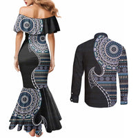 Fijian Masi Tribal Tattoos Art Pattern Couples Matching Mermaid Dress and Long Sleeve Button Shirt Navy Color Half Style - Polynesian Pride