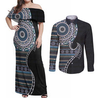 Fijian Masi Tribal Tattoos Art Pattern Couples Matching Off Shoulder Maxi Dress and Long Sleeve Button Shirt Navy Color Half Style - Polynesian Pride