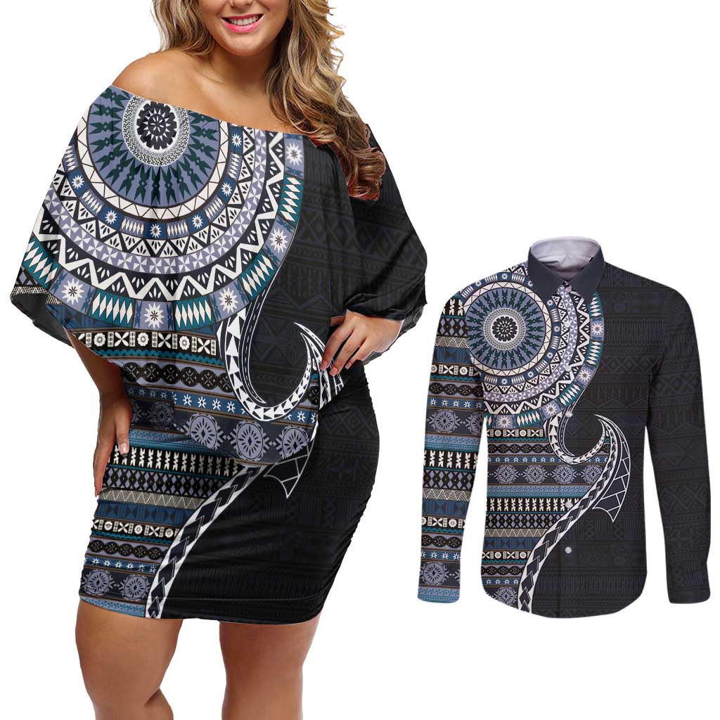 Fijian Masi Tribal Tattoos Art Pattern Couples Matching Off Shoulder Short Dress and Long Sleeve Button Shirt Navy Color Half Style - Polynesian Pride
