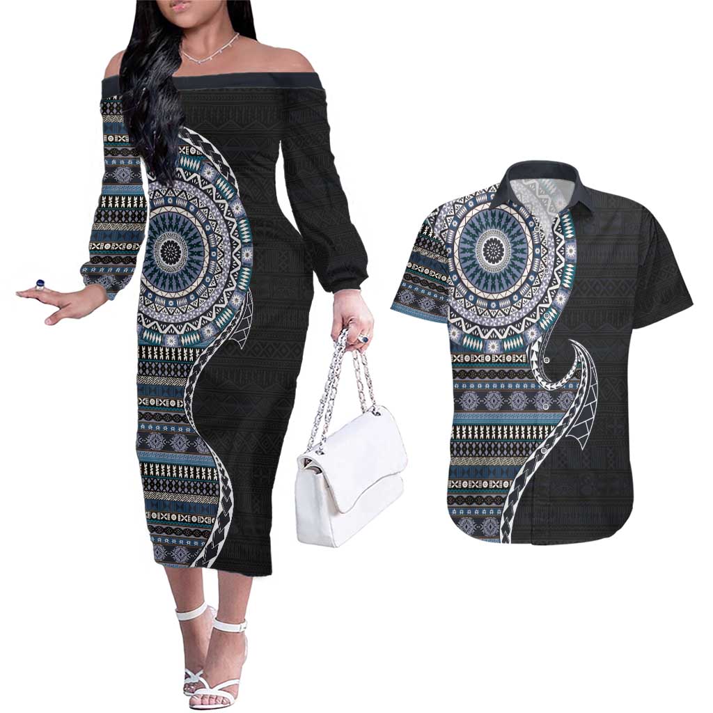Fijian Masi Tribal Tattoos Art Pattern Couples Matching Off The Shoulder Long Sleeve Dress and Hawaiian Shirt Navy Color Half Style - Polynesian Pride