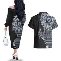 Fijian Masi Tribal Tattoos Art Pattern Couples Matching Off The Shoulder Long Sleeve Dress and Hawaiian Shirt Navy Color Half Style - Polynesian Pride
