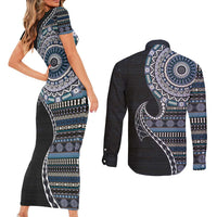 Fijian Masi Tribal Tattoos Art Pattern Couples Matching Short Sleeve Bodycon Dress and Long Sleeve Button Shirt Navy Color Half Style - Polynesian Pride