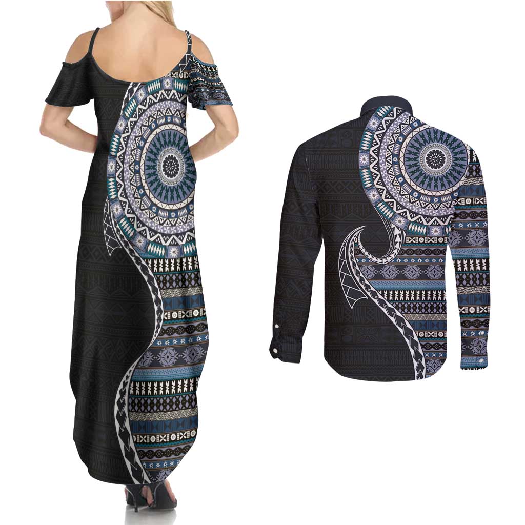 Fijian Masi Tribal Tattoos Art Pattern Couples Matching Summer Maxi Dress and Long Sleeve Button Shirt Navy Color Half Style - Polynesian Pride