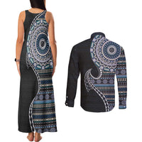 Fijian Masi Tribal Tattoos Art Pattern Couples Matching Tank Maxi Dress and Long Sleeve Button Shirt Navy Color Half Style - Polynesian Pride
