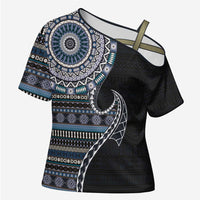 Fijian Masi Tribal Tattoos Art Pattern Cross Shoulder Shirt Navy Color Half Style - Polynesian Pride