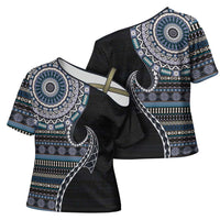 Fijian Masi Tribal Tattoos Art Pattern Cross Shoulder Shirt Navy Color Half Style - Polynesian Pride