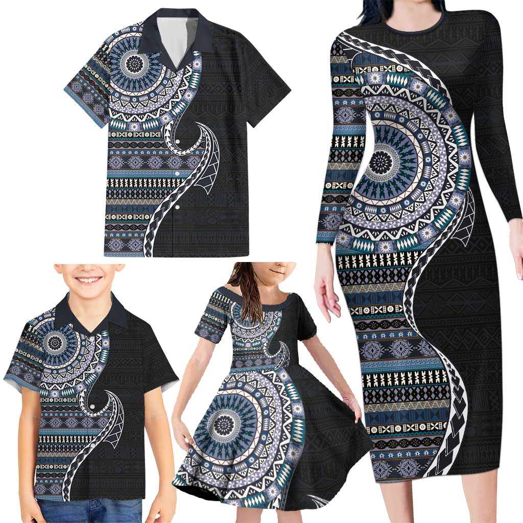 Fijian Masi Tribal Tattoos Art Pattern Family Matching Long Sleeve Bodycon Dress and Hawaiian Shirt Navy Color Half Style - Polynesian Pride