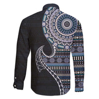 Fijian Masi Tribal Tattoos Art Pattern Family Matching Long Sleeve Bodycon Dress and Hawaiian Shirt Navy Color Half Style - Polynesian Pride