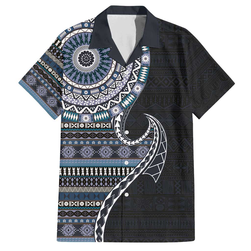 Fijian Masi Tribal Tattoos Art Pattern Family Matching Off Shoulder Maxi Dress and Hawaiian Shirt Navy Color Half Style - Polynesian Pride