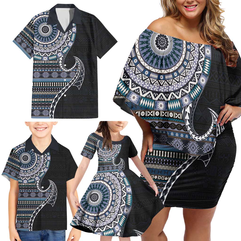 Fijian Masi Tribal Tattoos Art Pattern Family Matching Off Shoulder Short Dress and Hawaiian Shirt Navy Color Half Style - Polynesian Pride